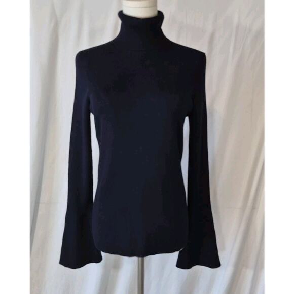 Anthropologie Moth Dark Navy Blue Ribbed Flare Sleeve Turtleneck Sweater Small - Picture 2 of 7